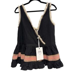 Indikah By Angel Biba Black Boho Embroidered Peplum Tank Top NWT XS /S Runs Big